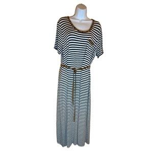 Chico’s Navy White Striped Tan Trim Stud Accents Maxi T-Shirt Dress 2 or Large